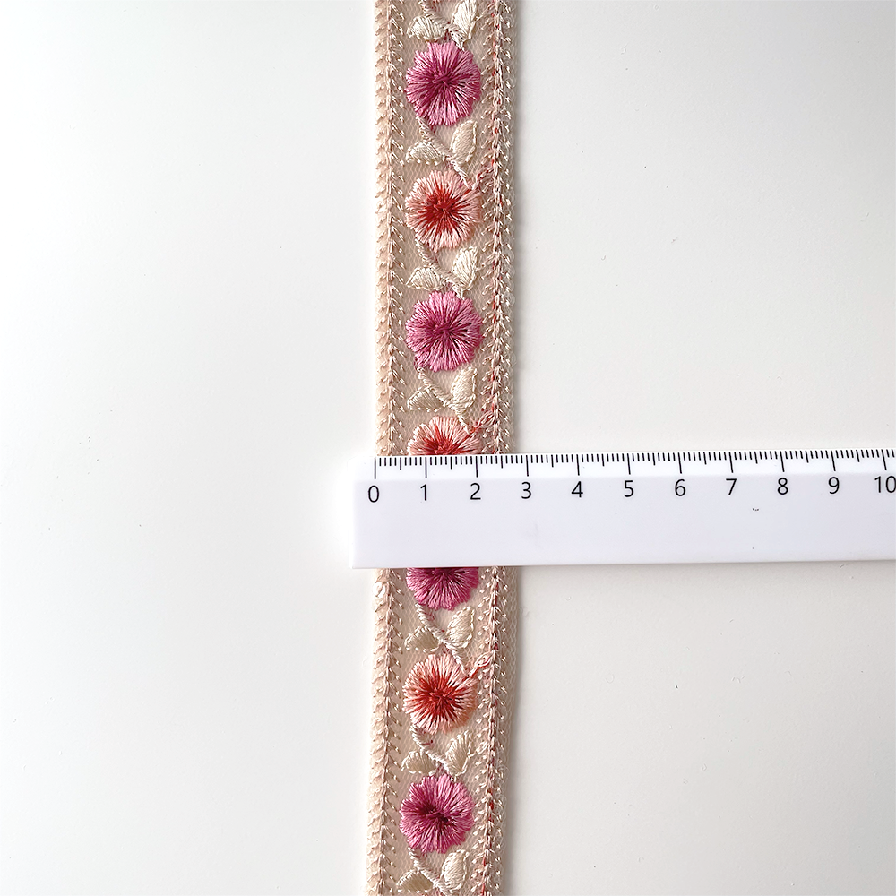 1034 【 幅：3cm 】 インド刺繍リボン　ベージュ　チュール　ピンク　オレンジ