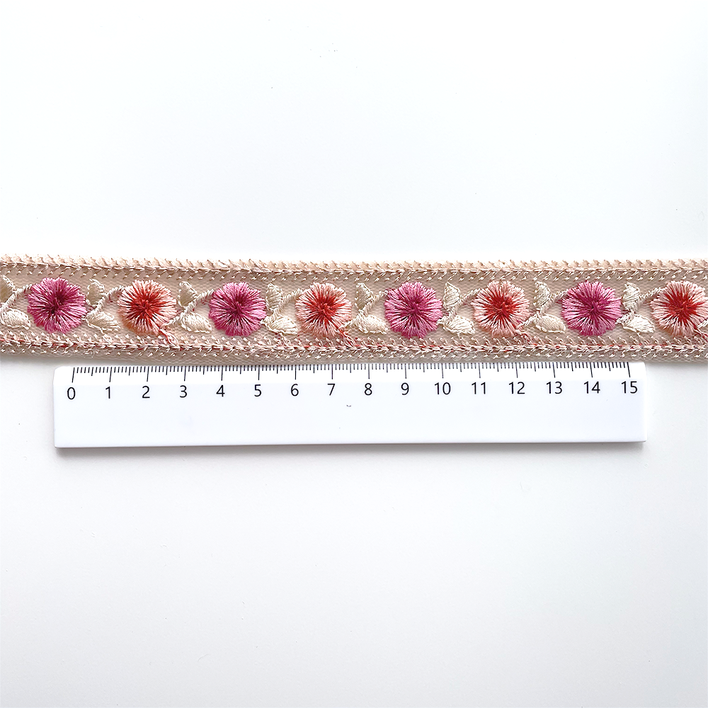 1034 【 幅：3cm 】 インド刺繍リボン　ベージュ　チュール　ピンク　オレンジ
