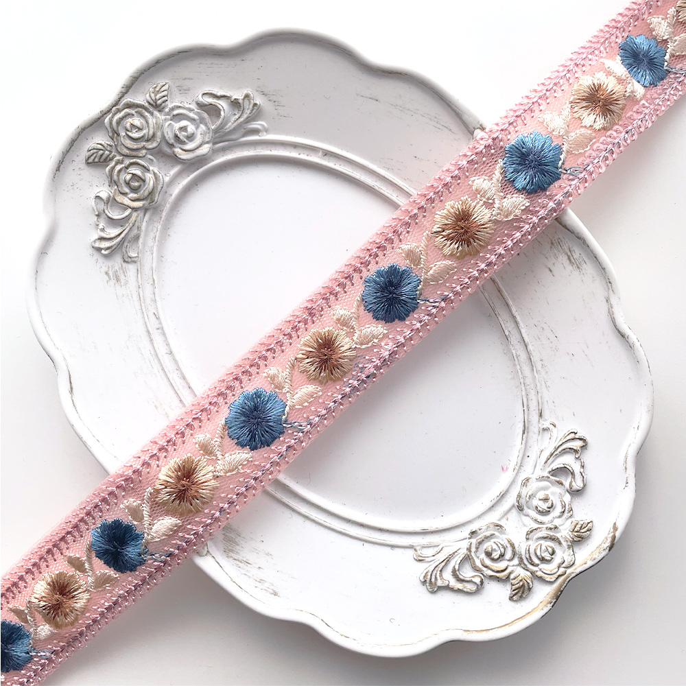 1035 【 幅：3cm 】 インド刺繍リボン　ピンク　チュール　ブルー　ベージュ
