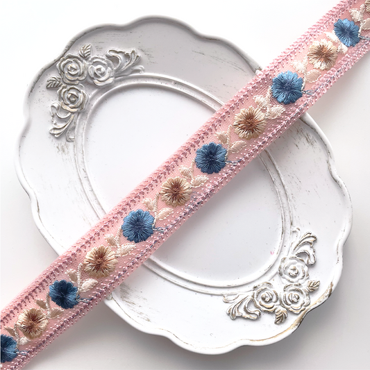 1035 【 幅：3cm 】 インド刺繍リボン　ピンク　チュール　ブルー　ベージュ
