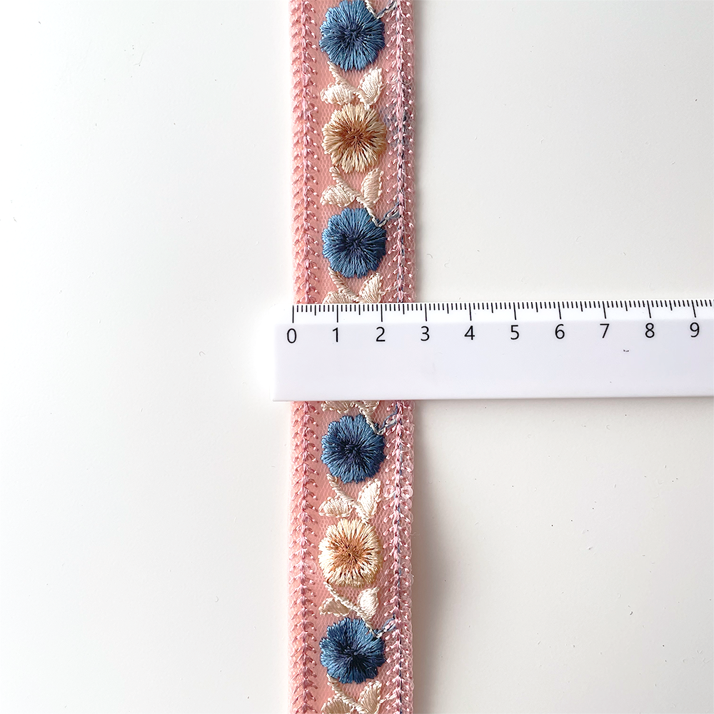 1035 【 幅：3cm 】 インド刺繍リボン　ピンク　チュール　ブルー　ベージュ