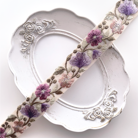 1037 【 幅：3cm 】 インド刺繍リボン　ベージュ　チュール　パープル　グリーン