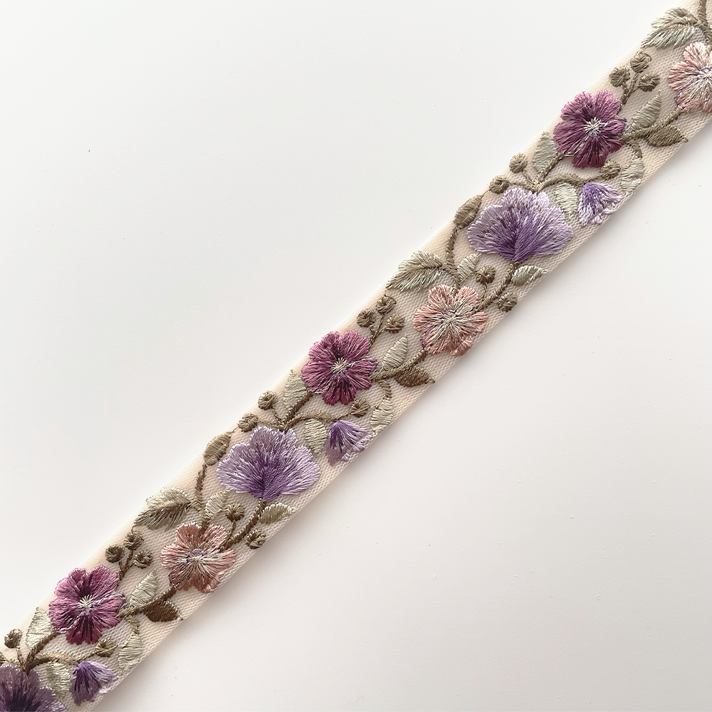 1037 【 幅：3cm 】 インド刺繍リボン　ベージュ　チュール　パープル　グリーン