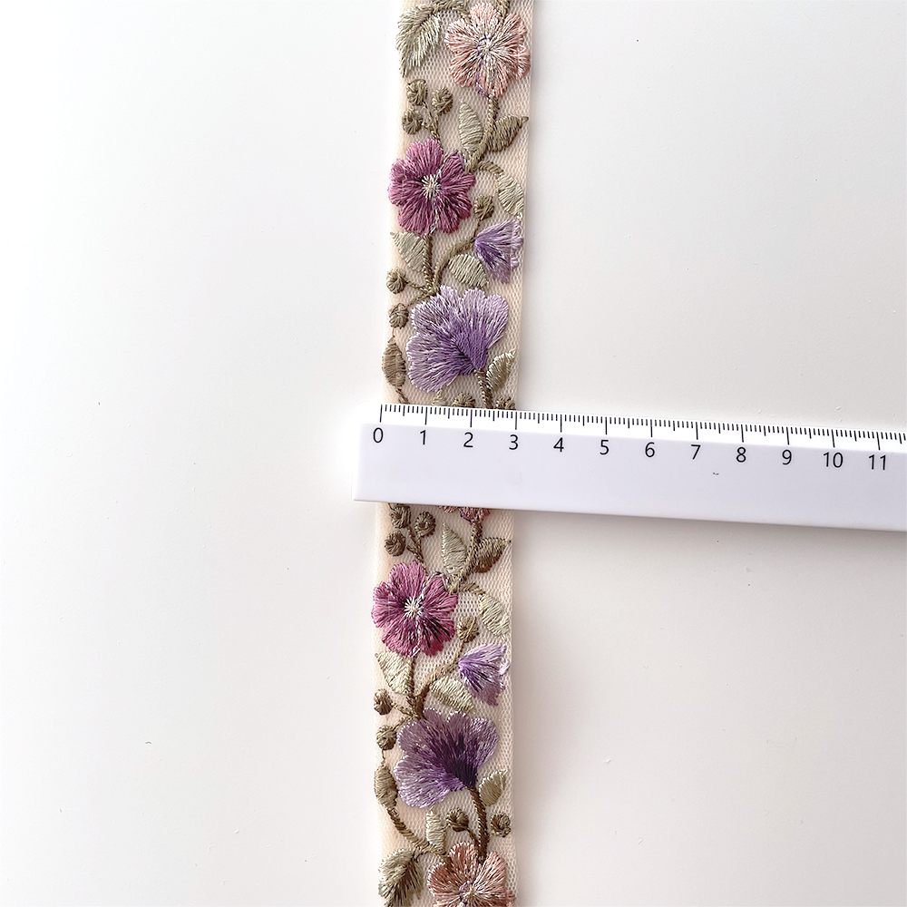 1037 【 幅：3cm 】 インド刺繍リボン　ベージュ　チュール　パープル　グリーン