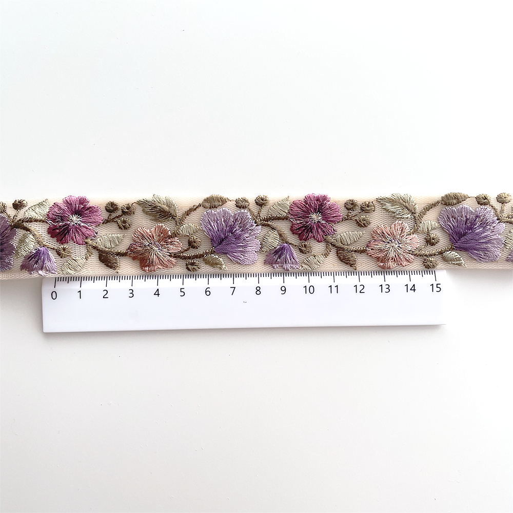 1037 【 幅：3cm 】 インド刺繍リボン　ベージュ　チュール　パープル　グリーン