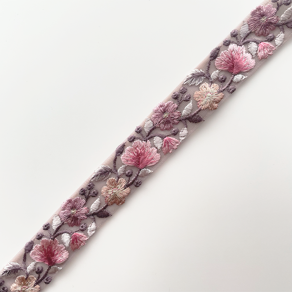 1039 【 幅：3cm 】 インド刺繍リボン　パープル　チュール　ピンク　ベージュ