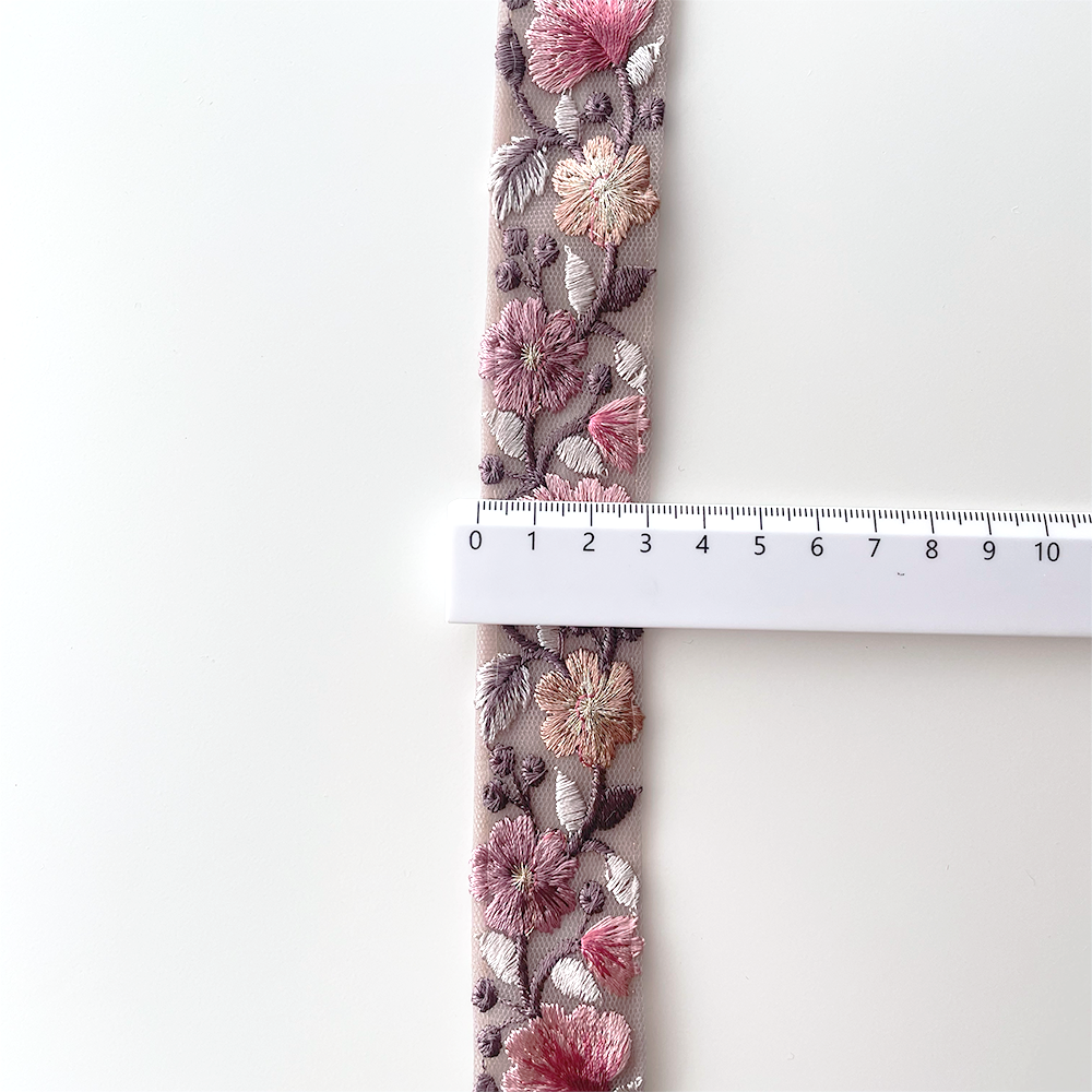 1039 【 幅：3cm 】 インド刺繍リボン　パープル　チュール　ピンク　ベージュ