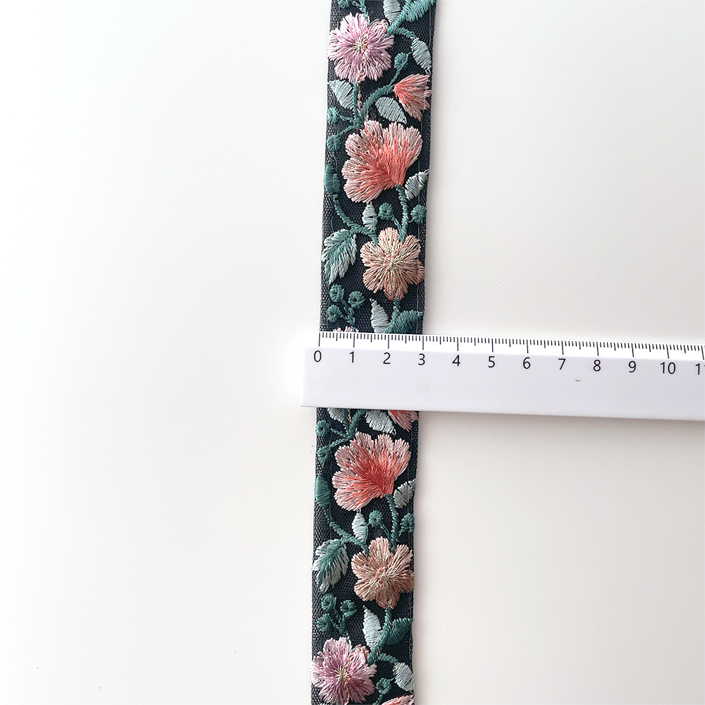 1042 【 幅：3cm 】 インド刺繍リボン　ブラック　チュール　サーモン　オレンジ　パープル