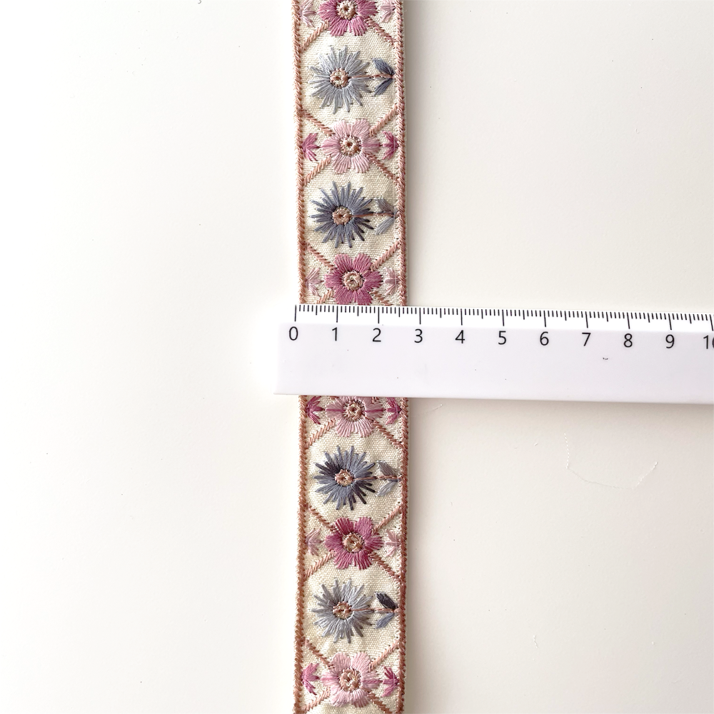 1047 【 幅：2.5cm 】 インド刺繍リボン　ライトグリーン　布地　ブルー　ピンク