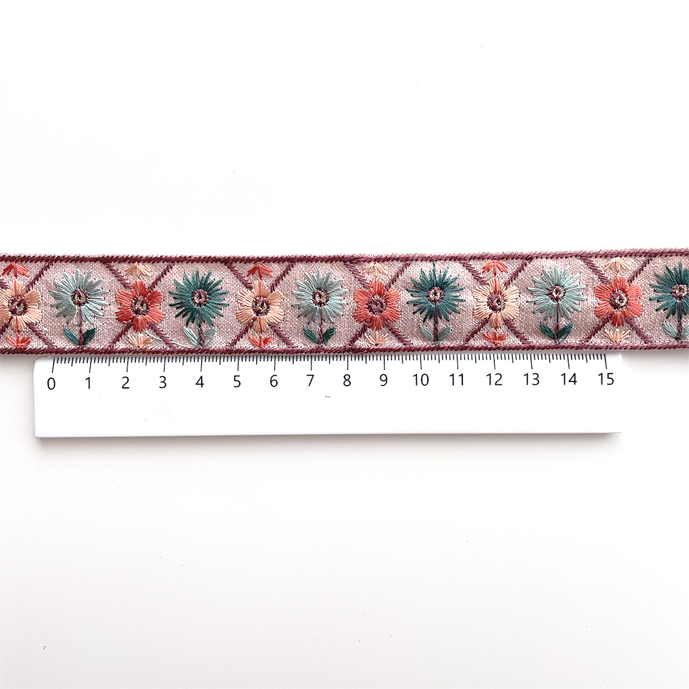 1048 【 幅：2.5cm 】 インド刺繍リボン　ピンク　布地　グリーン　オレンジ