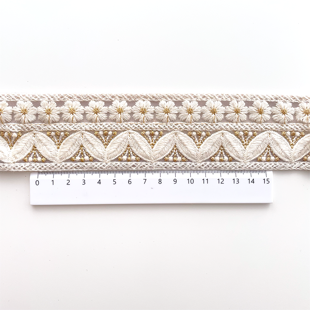 1052 【 幅：5cm 】 インド刺繍リボン　ピンク　チュール　ホワイト　ゴールド