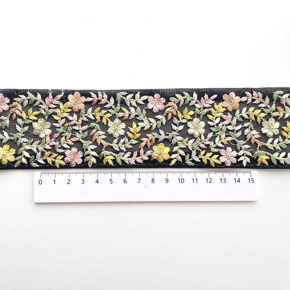1069 【 幅：5.5cm 】 インド刺繍リボン　ブラック　チュール　イエロー　オレンジ　グリーン