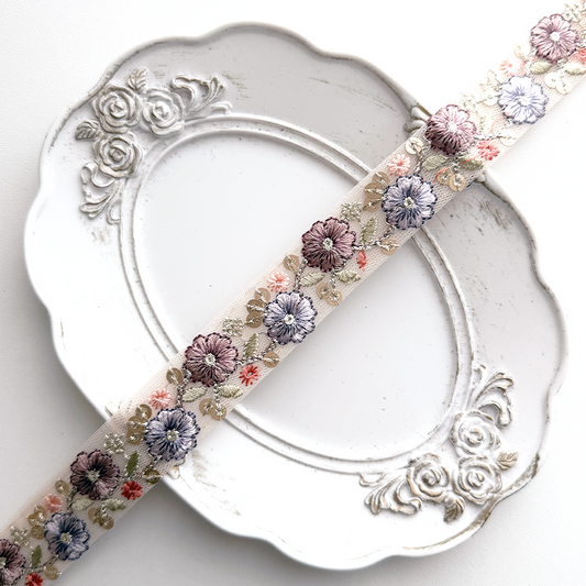 1070 【 幅：2.5cm 】 インド刺繍リボン　ベージュ　チュール　パープル　グリーン