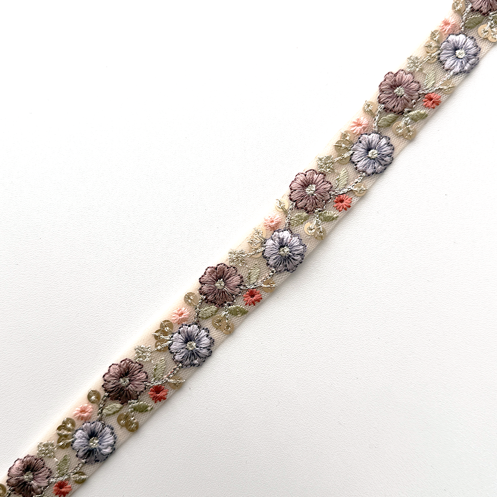 1070 【 幅：2.5cm 】 インド刺繍リボン　ベージュ　チュール　パープル　グリーン
