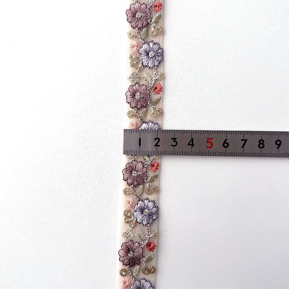1070 【 幅：2.5cm 】 インド刺繍リボン　ベージュ　チュール　パープル　グリーン