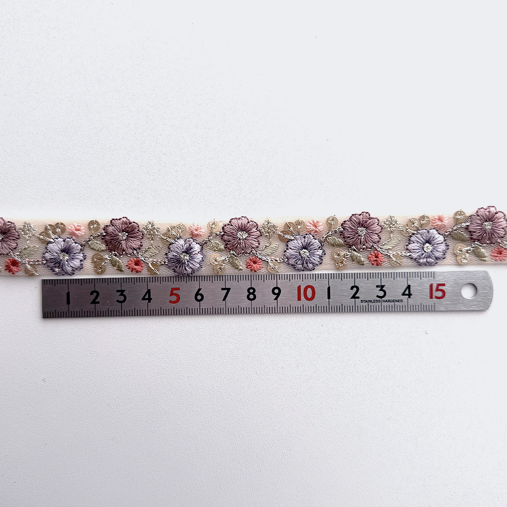 1070 【 幅：2.5cm 】 インド刺繍リボン　ベージュ　チュール　パープル　グリーン