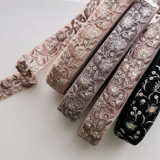 S351 インド刺繍リボン 3cm幅 チュール ペタルフラワー