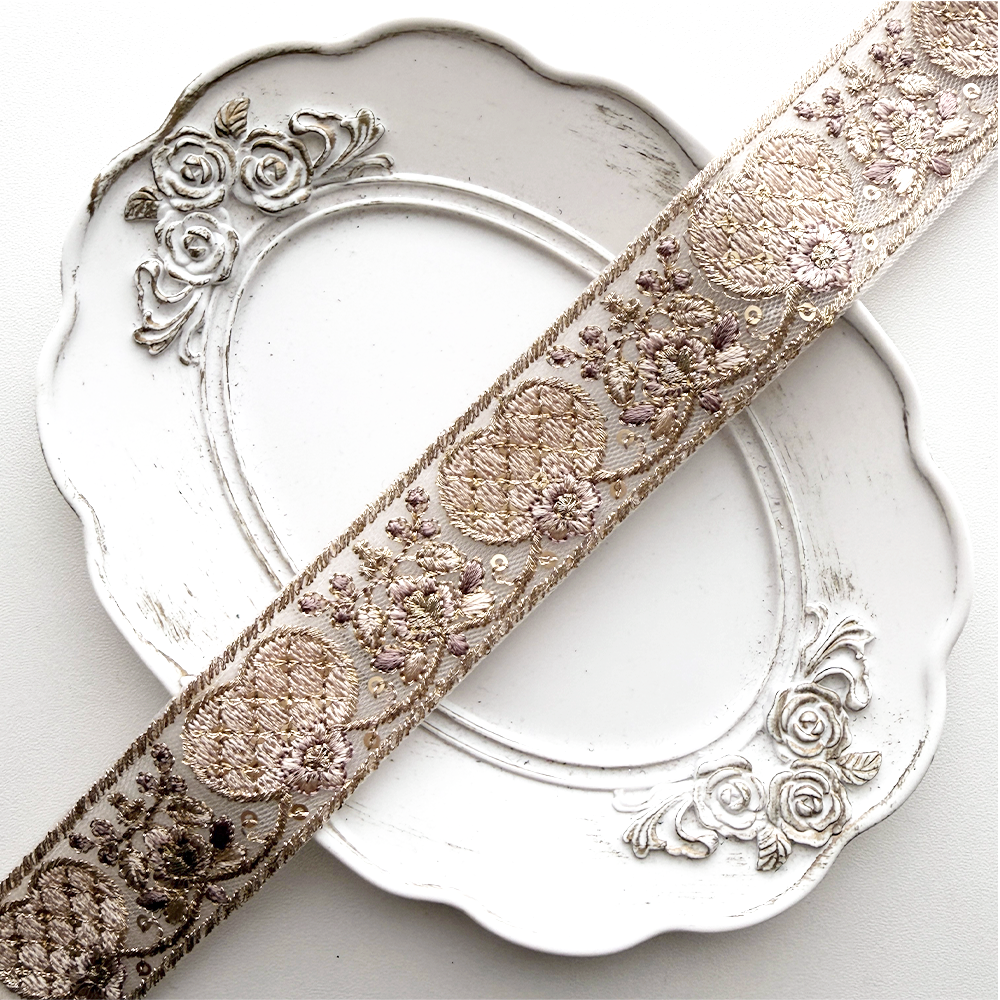 cute heart ribbon / インド刺繍リボン / 幅：3cm / ロージーブラウン / ゴールド / チュール [R1171]