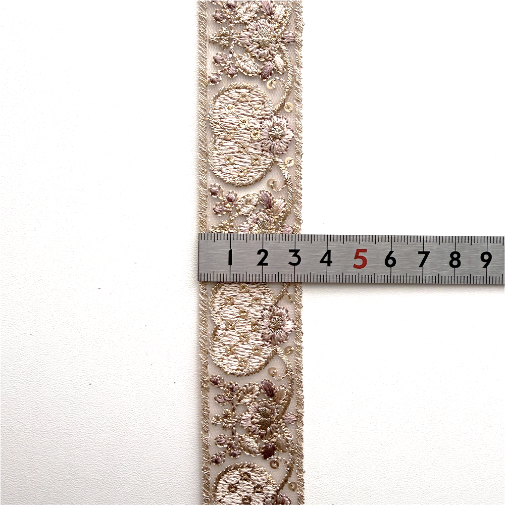 cute heart ribbon / インド刺繍リボン / 幅：3cm / ロージーブラウン / ゴールド / チュール [R1171]
