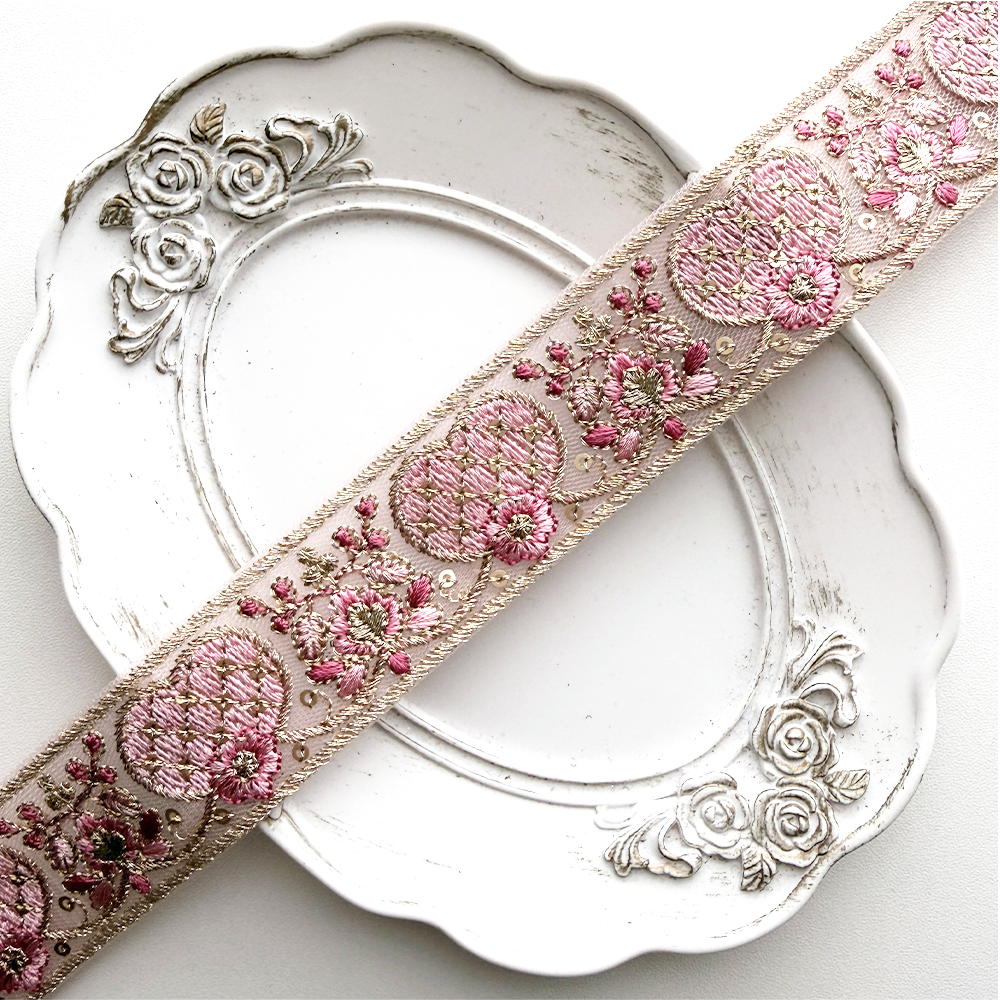 cute heart ribbon / インド刺繍リボン / 幅：3cm / ローズピンク / ゴールド / チュール [R1174]