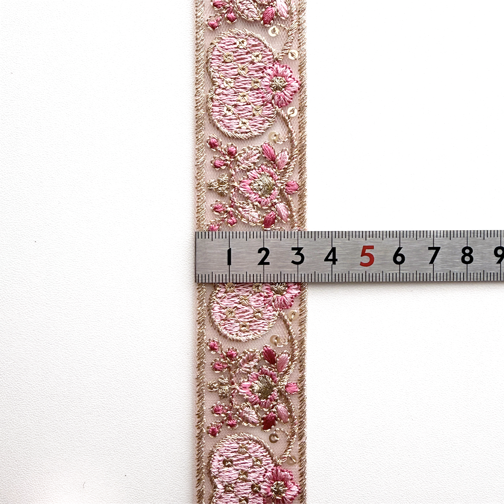 cute heart ribbon / インド刺繍リボン / 幅：3cm / ローズピンク / ゴールド / チュール [R1174]