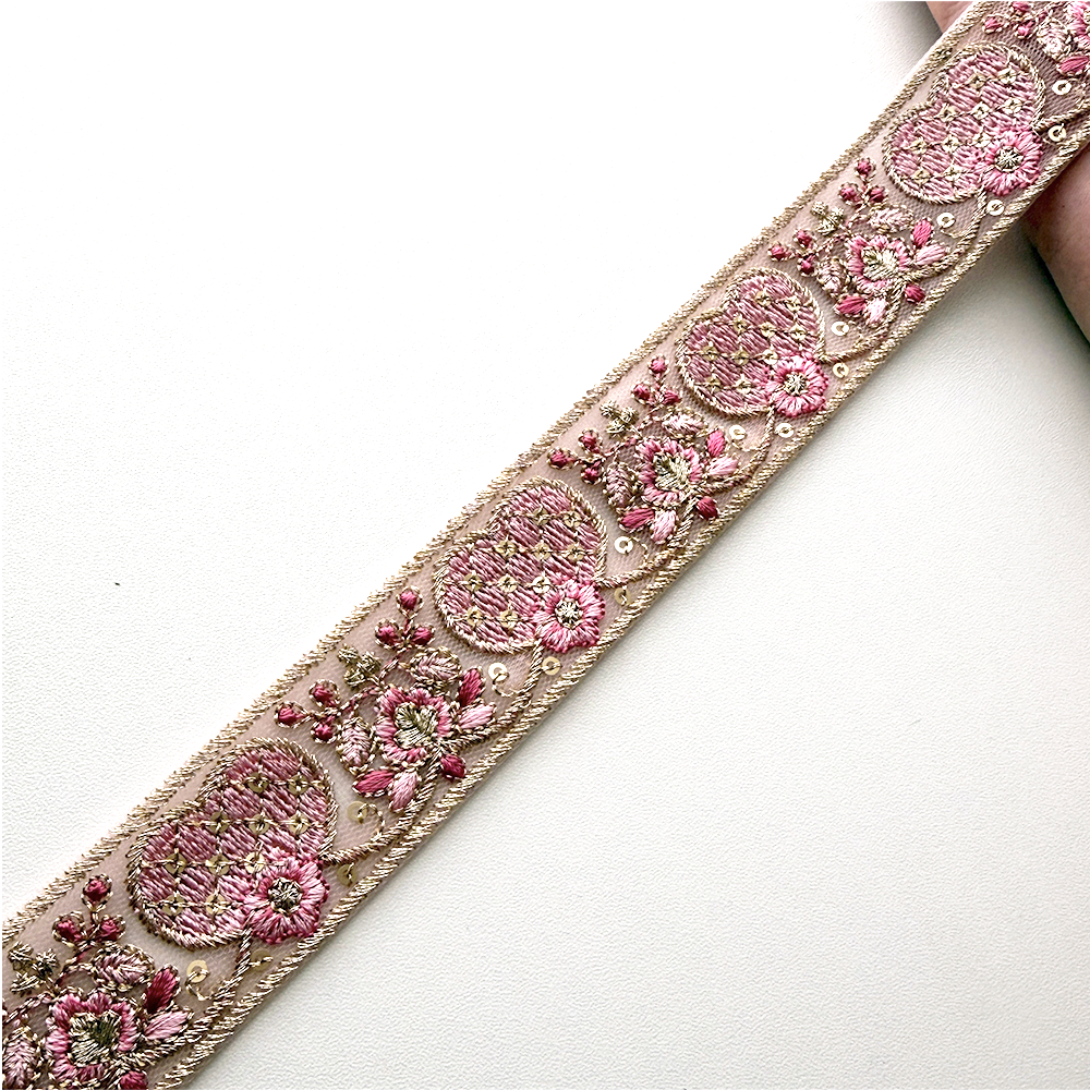 cute heart ribbon / インド刺繍リボン / 幅：3cm / ローズピンク / ゴールド / チュール [R1174]