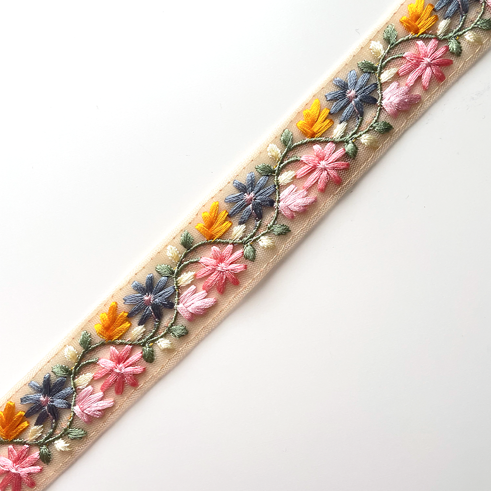 184 【 幅：3.5cm 】 インド刺繍リボン　ベージュ　チュール　ブルー　ピンク
