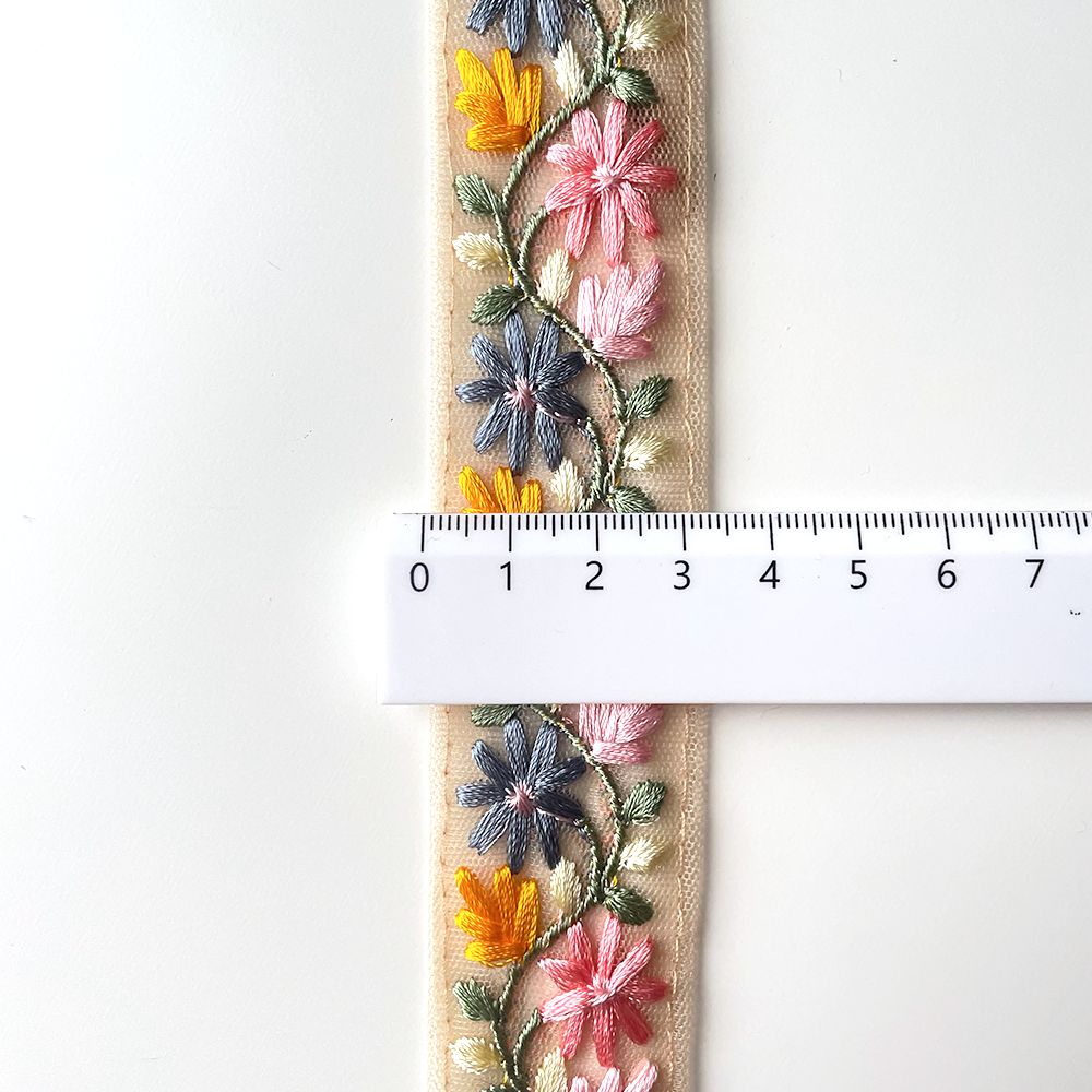 184 【 幅：3.5cm 】 インド刺繍リボン　ベージュ　チュール　ブルー　ピンク