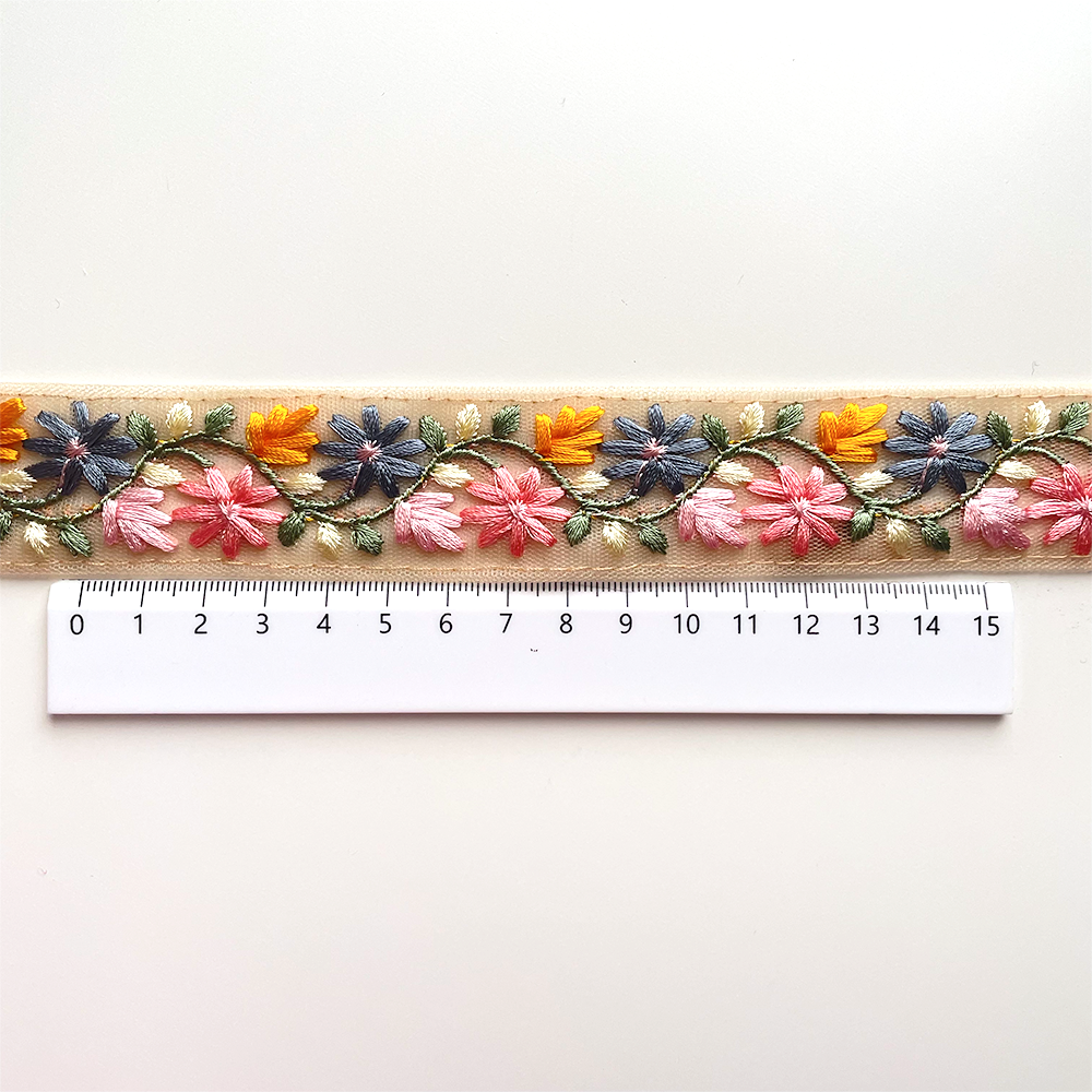 184 【 幅：3.5cm 】 インド刺繍リボン　ベージュ　チュール　ブルー　ピンク