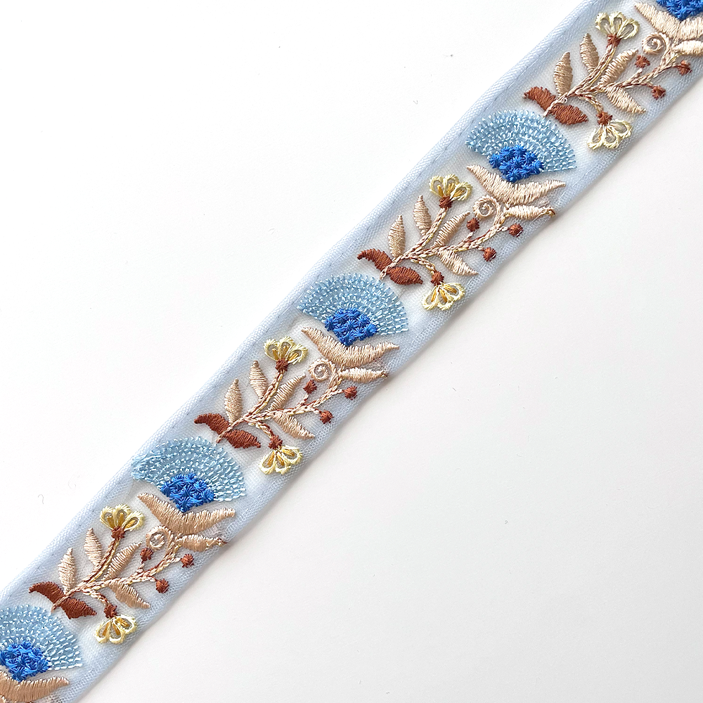 277 【 幅：3.5cm 】 インド刺繍リボン　水色　チュール　