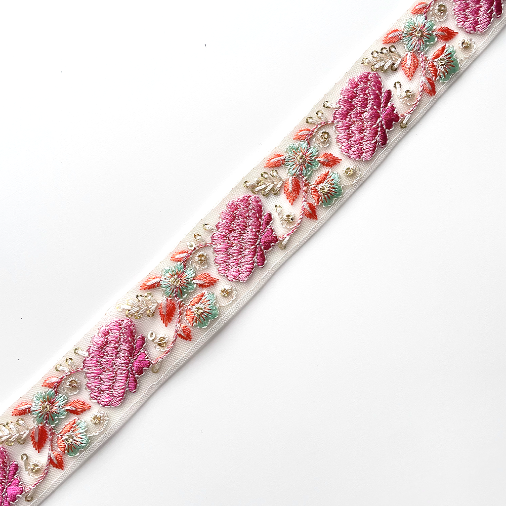 338 【 幅：3.5cm 】 インド刺繍リボン　ホワイト　チュール　ピンク　オレンジ