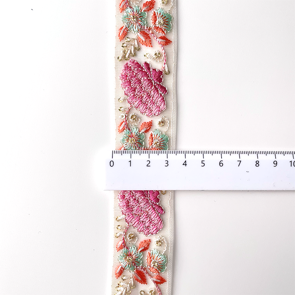 338 【 幅：3.5cm 】 インド刺繍リボン　ホワイト　チュール　ピンク　オレンジ