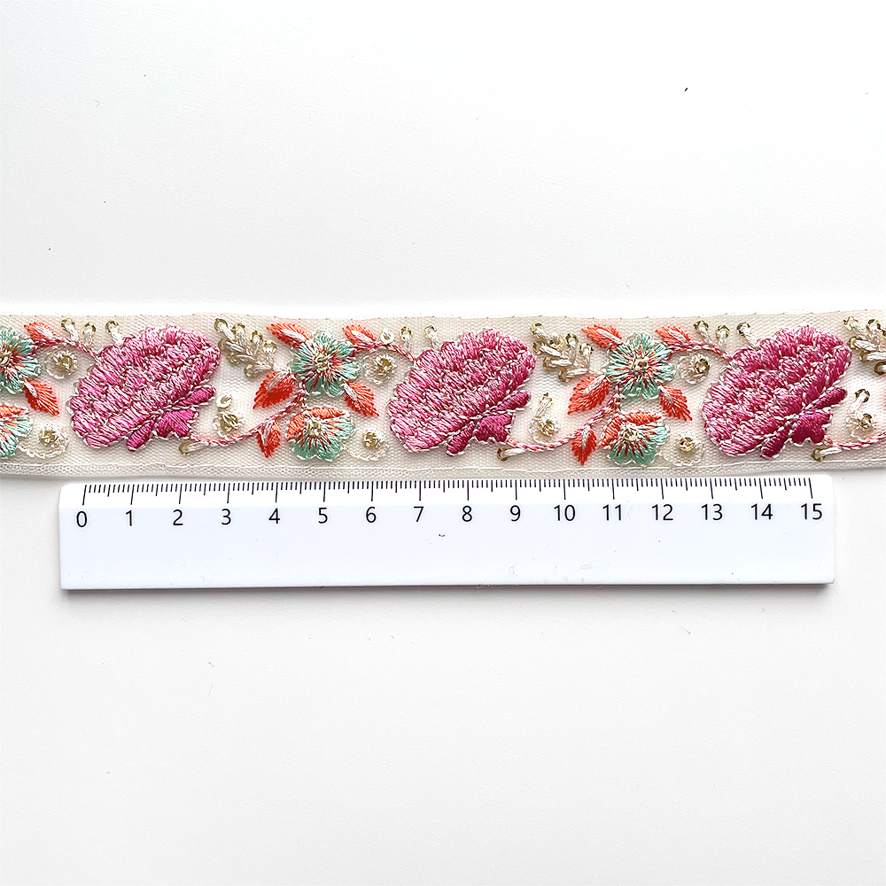 338 【 幅：3.5cm 】 インド刺繍リボン　ホワイト　チュール　ピンク　オレンジ