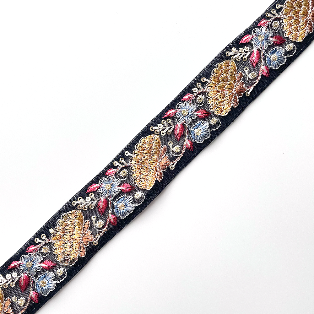 343 【 幅：3.5cm 】 インド刺繍リボン　ブラック　チュール　イエロー