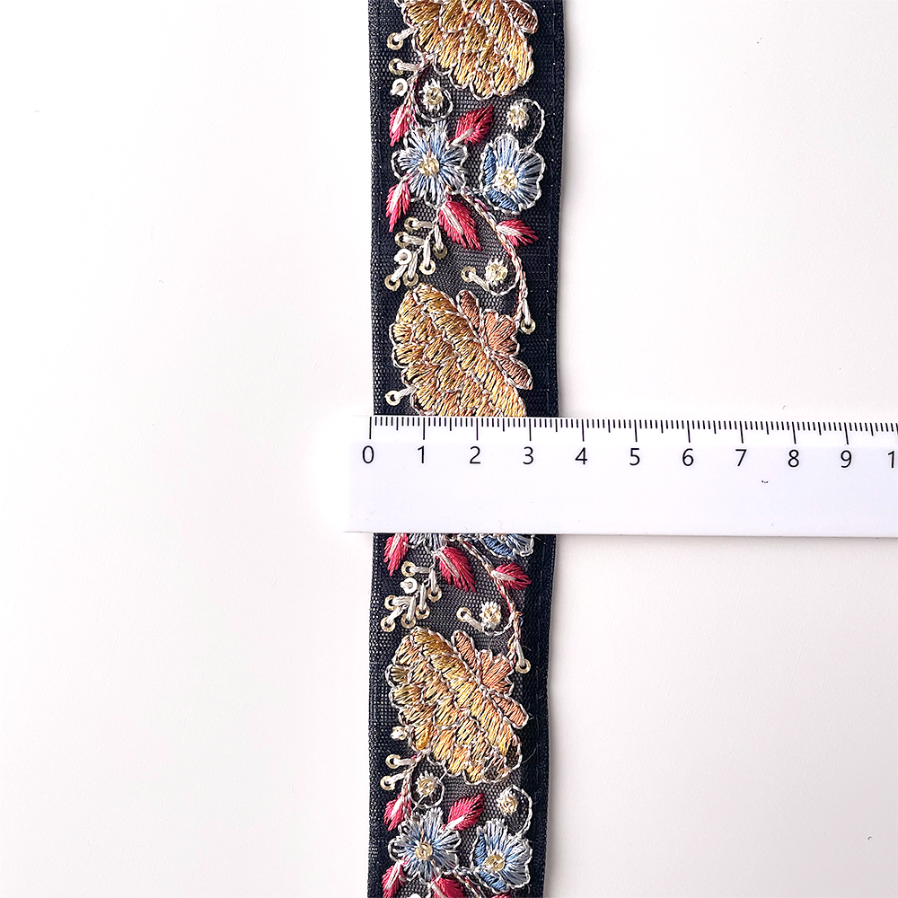 343 【 幅：3.5cm 】 インド刺繍リボン　ブラック　チュール　イエロー