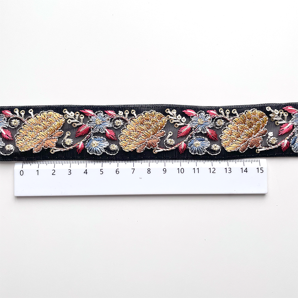 343 【 幅：3.5cm 】 インド刺繍リボン　ブラック　チュール　イエロー