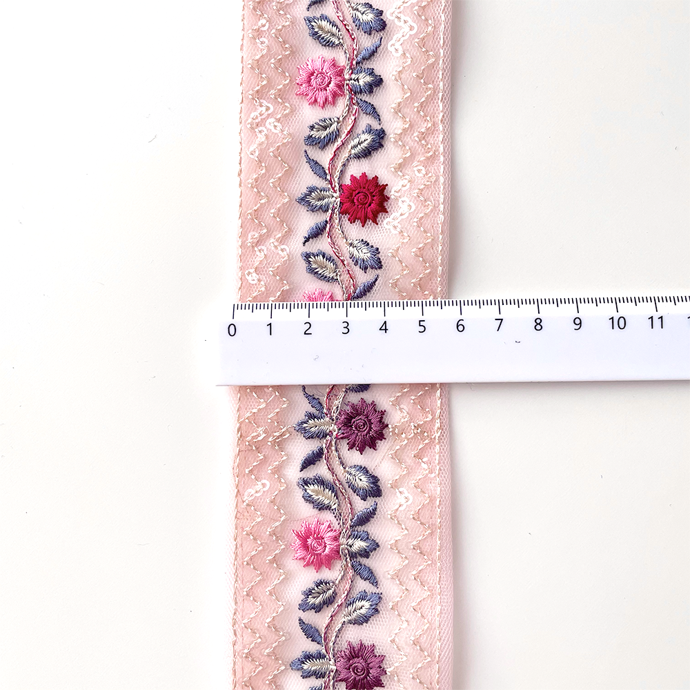 364 【 幅：5.5cm 】 インド刺繍リボン　ピンク　チュール　レッド