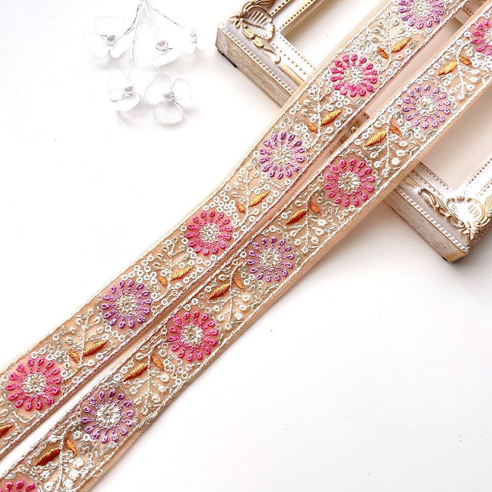 380 【 幅：2.5cm 】 インド刺繍リボン　ベージュ　チュール　ピンク　パープル