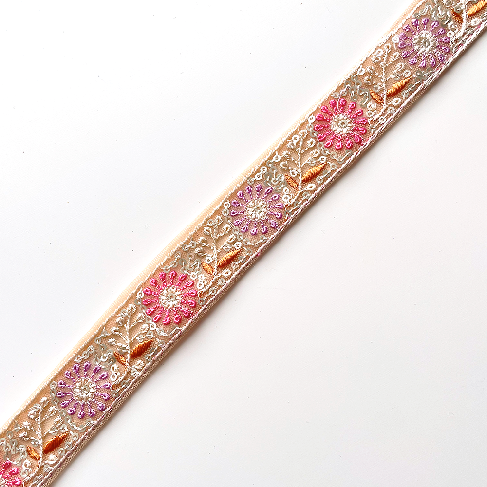 380 【 幅：2.5cm 】 インド刺繍リボン　ベージュ　チュール　ピンク　パープル