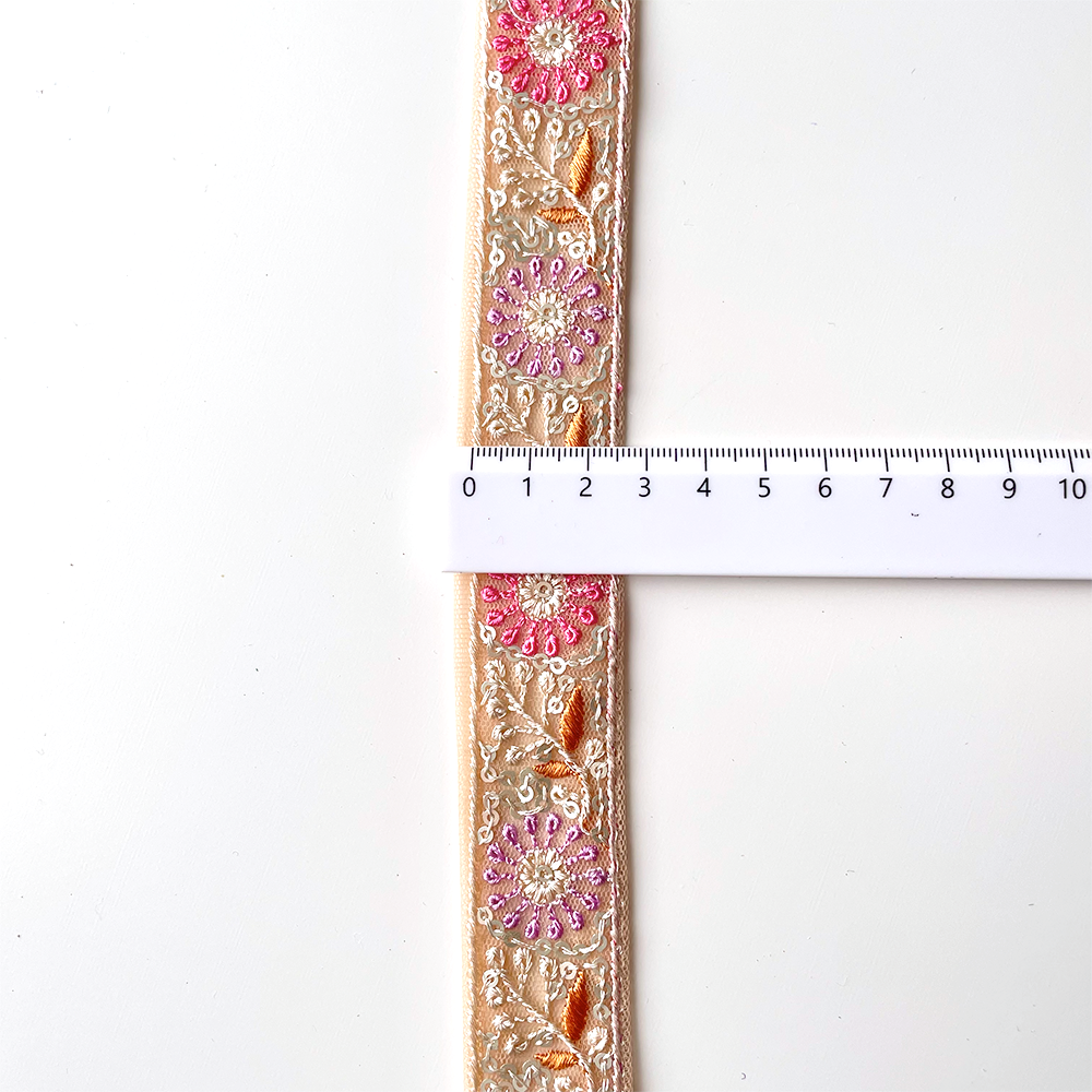 380 【 幅：2.5cm 】 インド刺繍リボン　ベージュ　チュール　ピンク　パープル