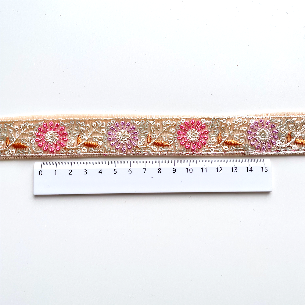 380 【 幅：2.5cm 】 インド刺繍リボン　ベージュ　チュール　ピンク　パープル