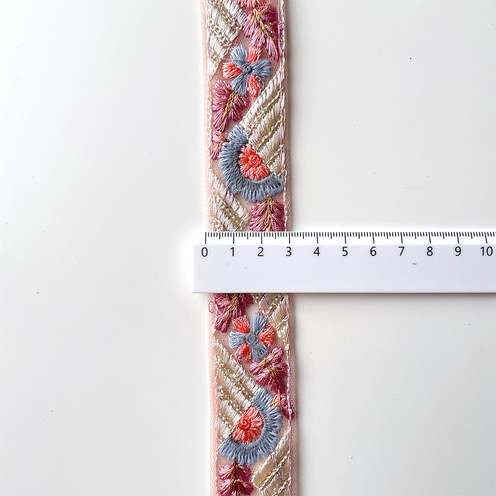 403 【 幅：3.5cm 】 インド刺繍リボン　ピンク　チュール　ブルー