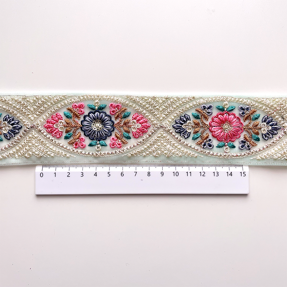 411 【 幅：5.5cm 】 インド刺繍リボン　スカイブルー　チュール　ブルー　ピンク