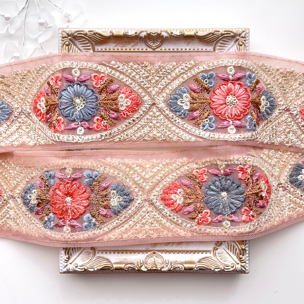 413 【 幅：5.5cm 】 インド刺繍リボン　ピンク　チュール　ブルー　パープル