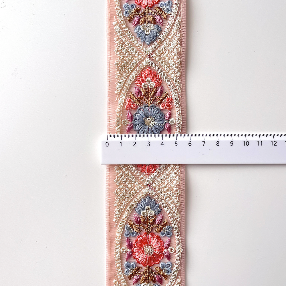 413 【 幅：5.5cm 】 インド刺繍リボン　ピンク　チュール　ブルー　パープル