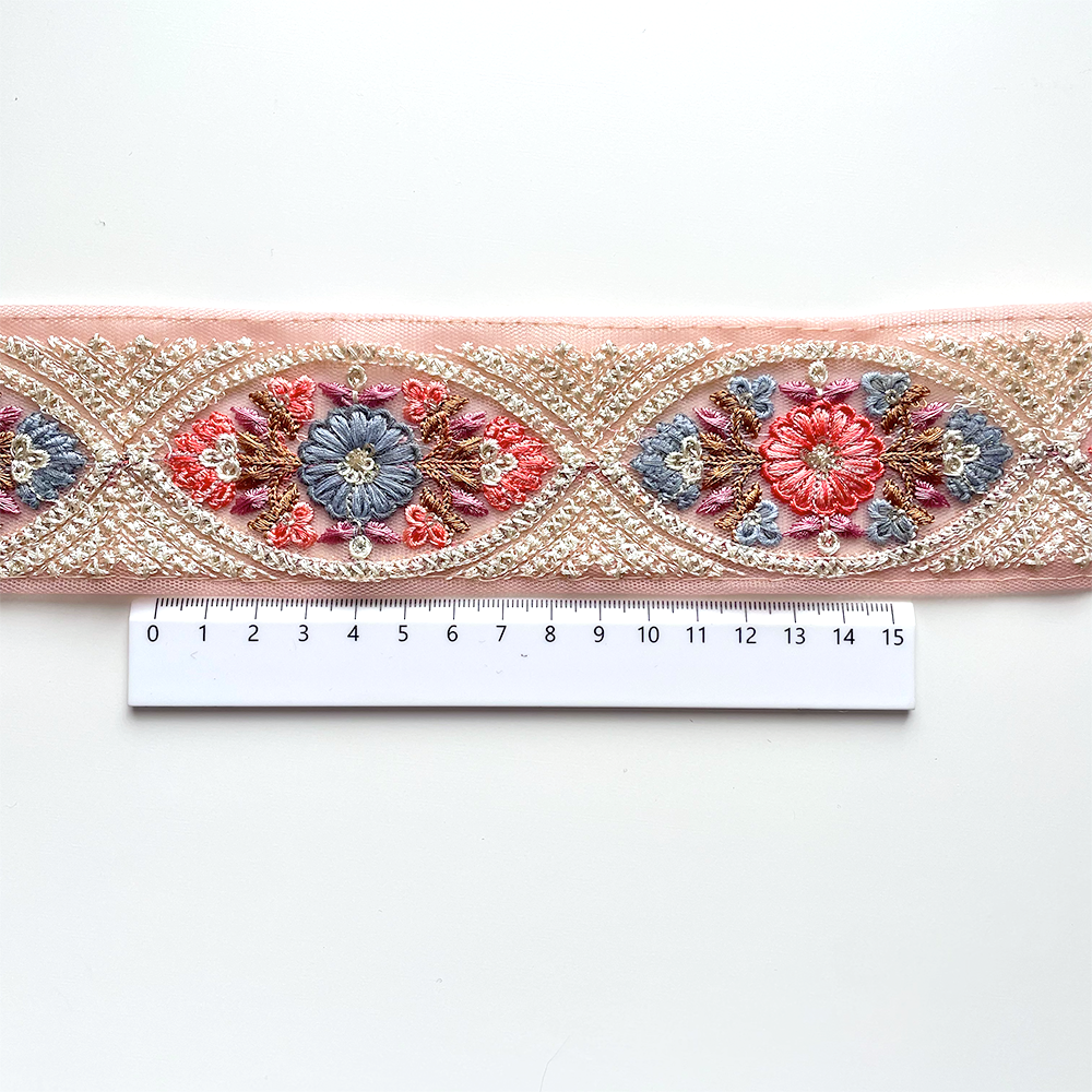 413 【 幅：5.5cm 】 インド刺繍リボン　ピンク　チュール　ブルー　パープル