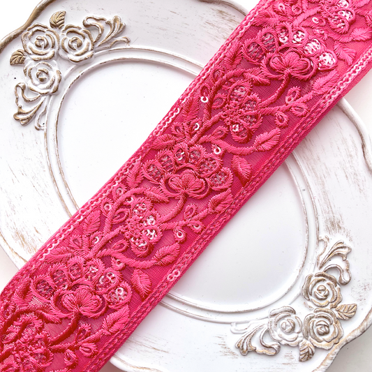 425 【 幅：4.5cm 】 インド刺繍リボン　ローズ　チュール　