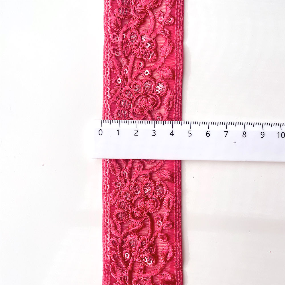 425 【 幅：4.5cm 】 インド刺繍リボン　ローズ　チュール　