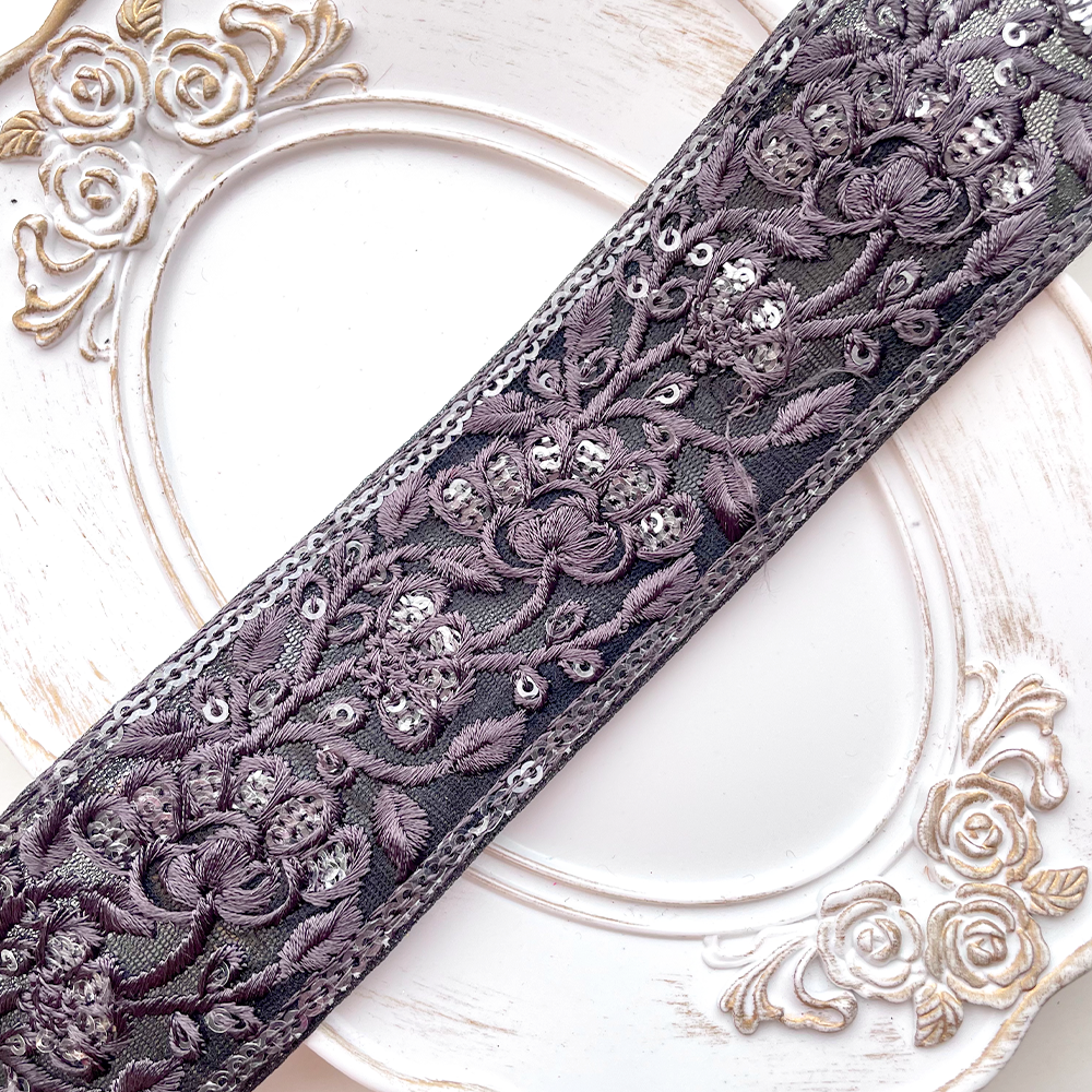 431 【 幅：4.5cm 】 インド刺繍リボン　ブラック　チュール　