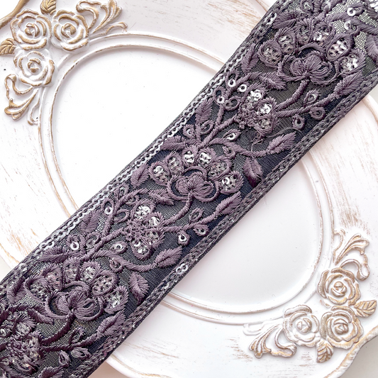 431 【 幅：4.5cm 】 インド刺繍リボン　ブラック　チュール　